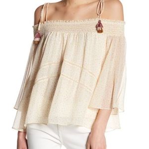 Rebecca Minkoff Strappy Off Shoulder Smocked Flowy Boho Top Tassel Tie Blouse